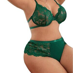 Women's 4XL Plus Size Bra and Panty Sets Lace 2 Piece Lingerie Set Green Sexy